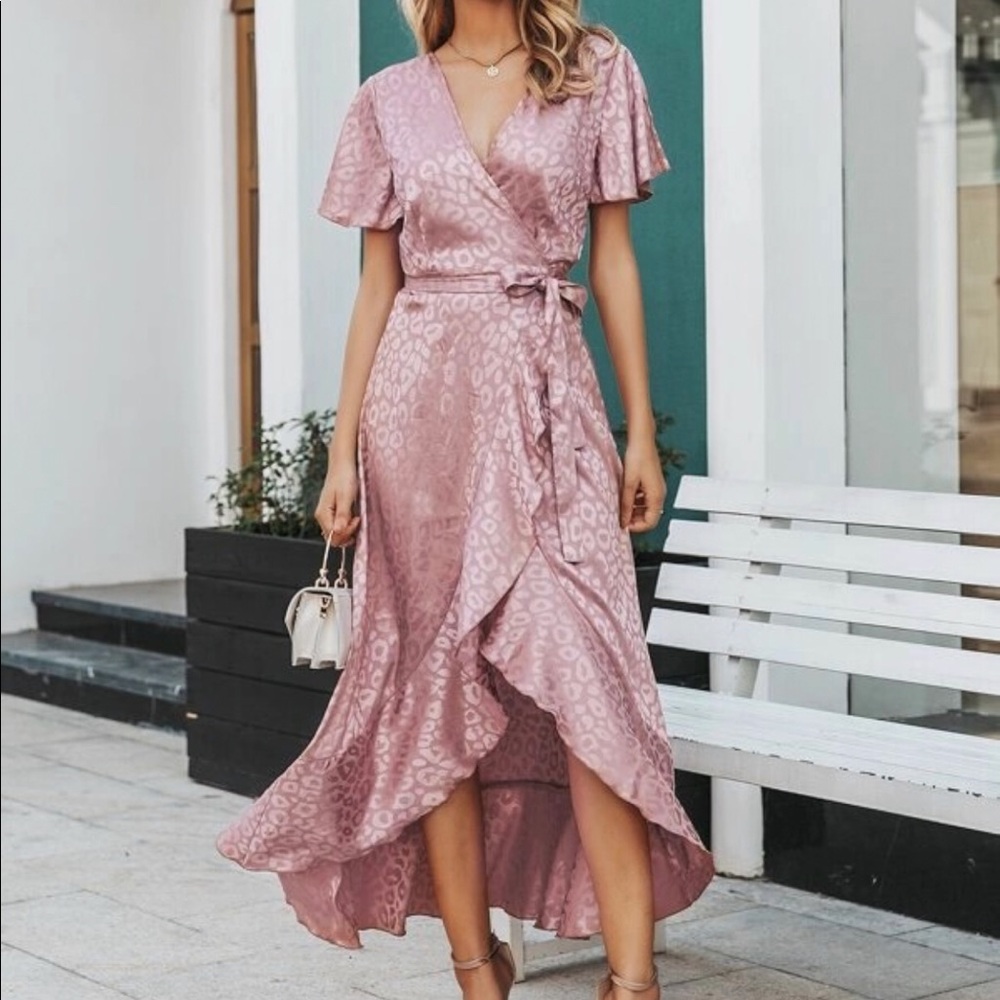 NWT! PINK LEOPARD WRAP MAXI DRESS W/ RUFFLES - Picture 3 of 5